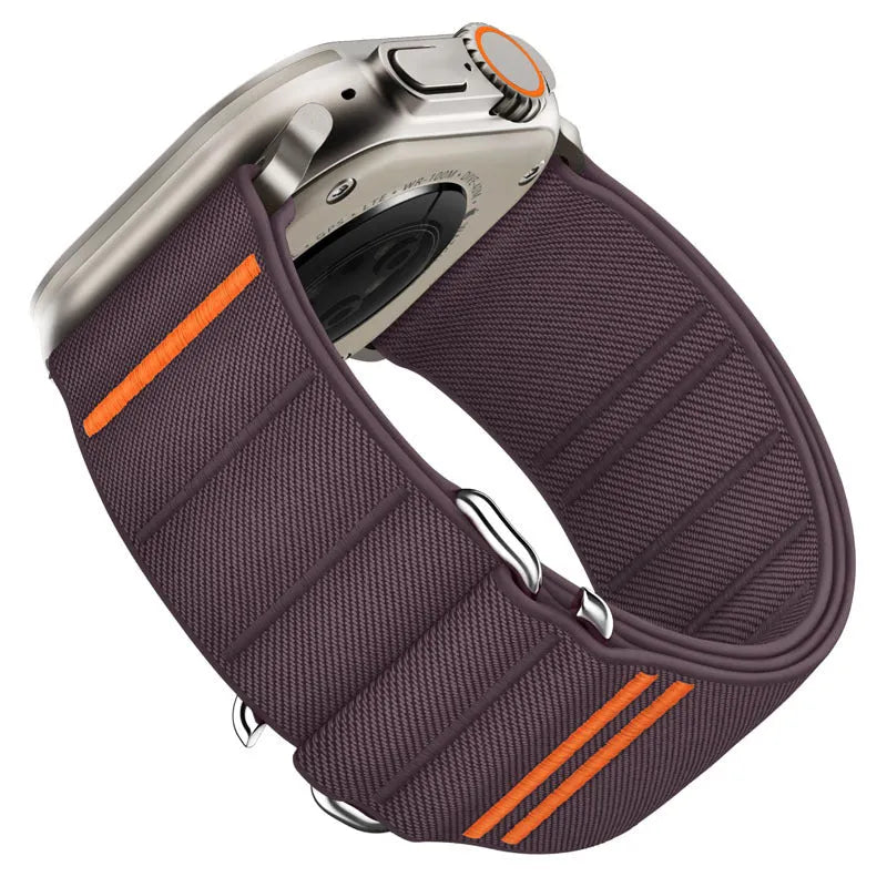 Elastic nylon Apple Watch band with stainless steel buckle shown in multiple colour options