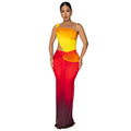 Women's gradient colour cross-shoulder sleeveless dress with a high waist and long one-step skirt.