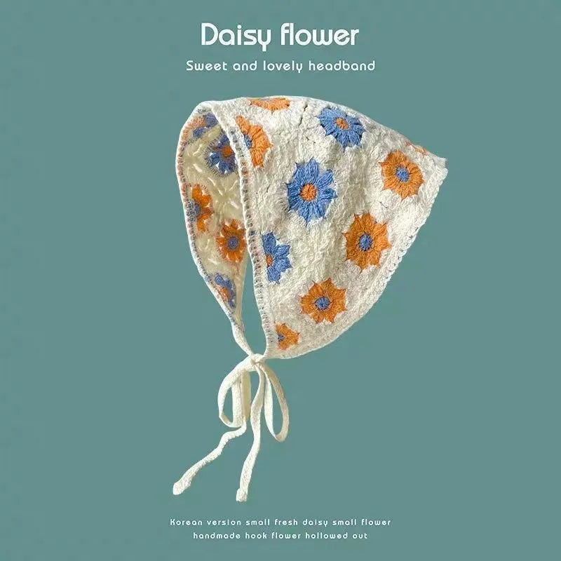 Women's cotton triangular headscarf with floral pattern, shown in beige blue little daisy design.