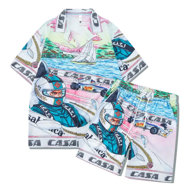 Printed plaid beach shirt and matching trousers set for casual wear.