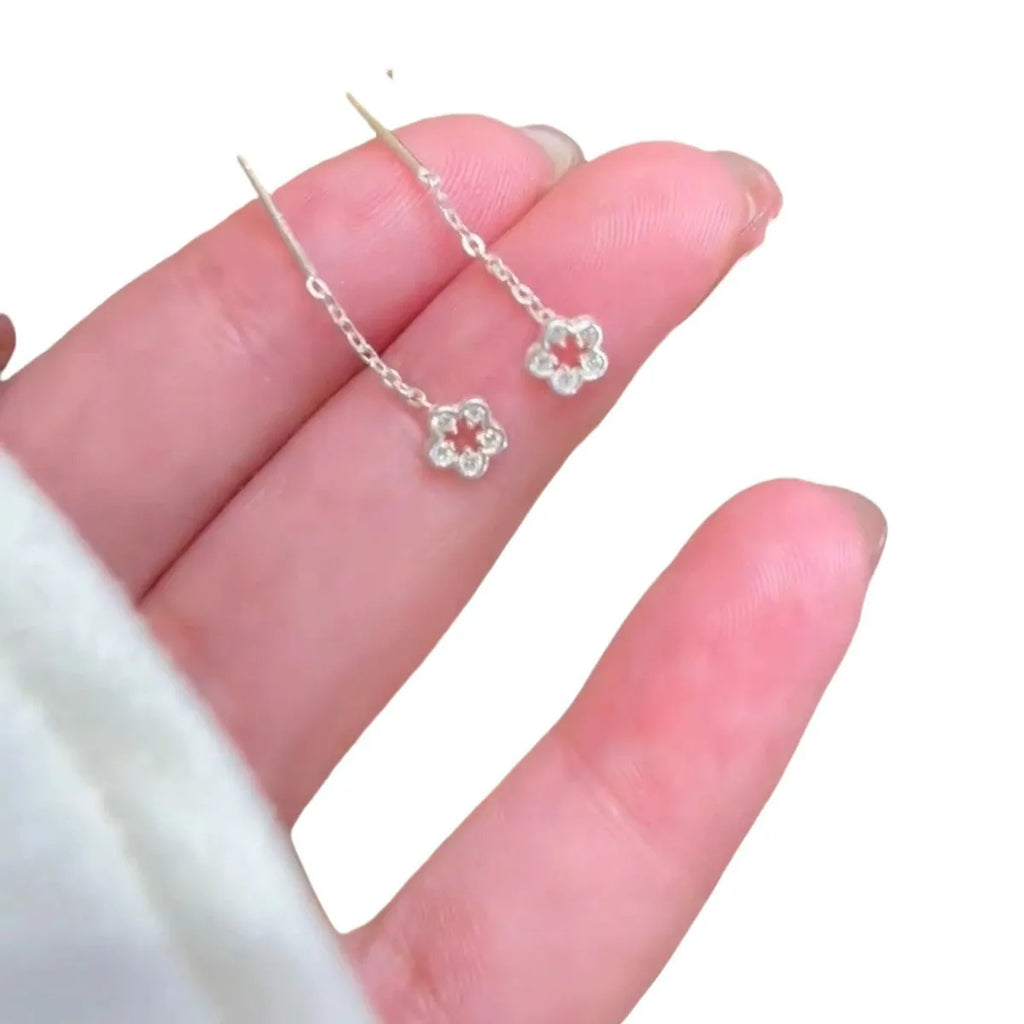 Sterling silver hollow flower dangling earrings with needle posts, silver floral alloy jewellery