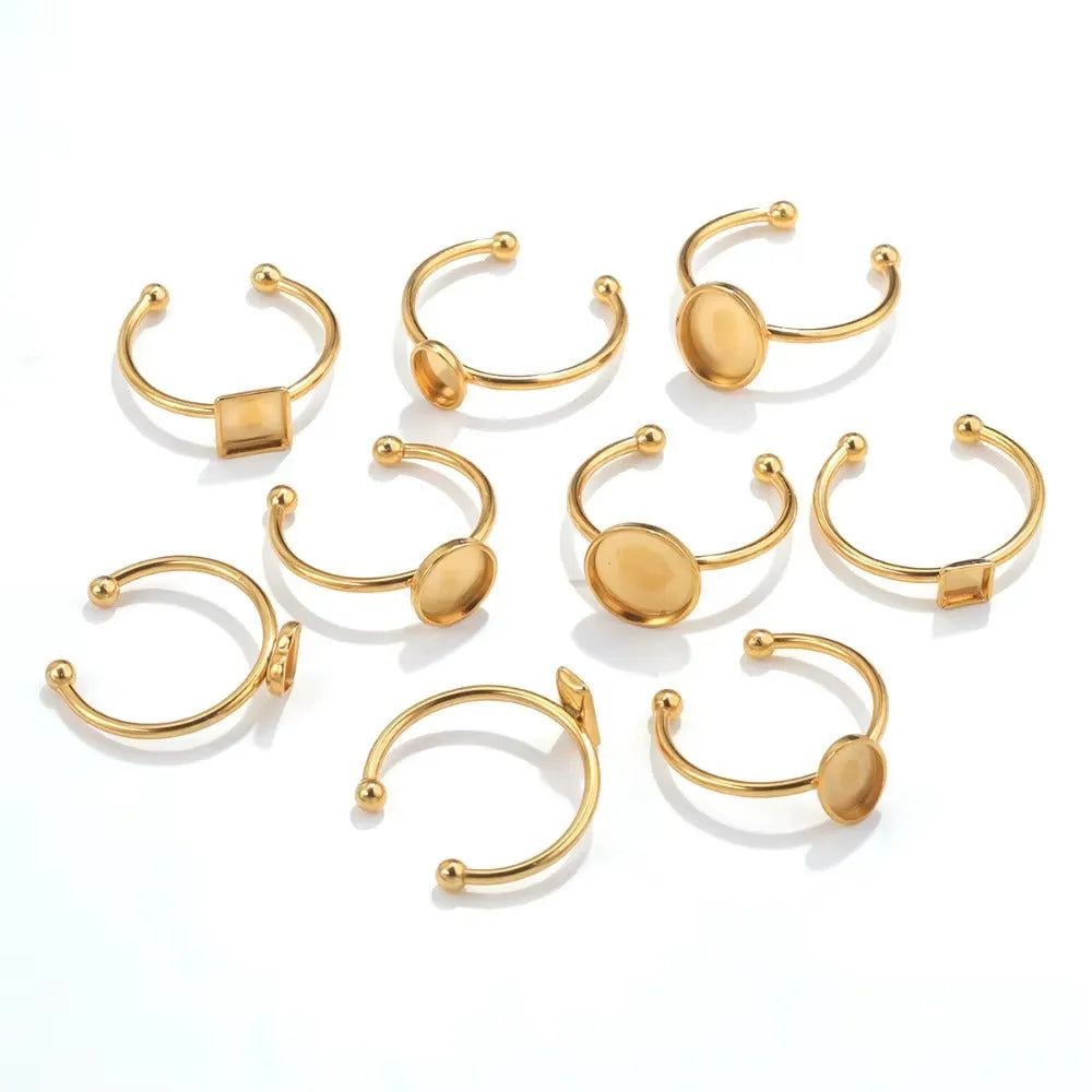 Golden electroplated stainless steel ring settings in various shapes and sizes with ring holder for DIY jewellery