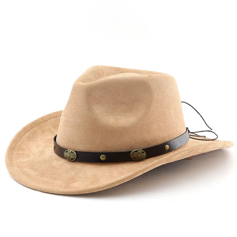 Brown leather velvet western cowboy hat with a curved brim and conical crown on a neutral background.