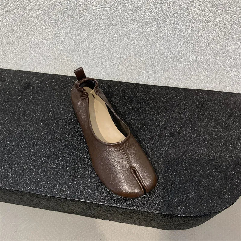 Women's split toe chunky heel pumps in black, apricot or brown with low heel and round toe
