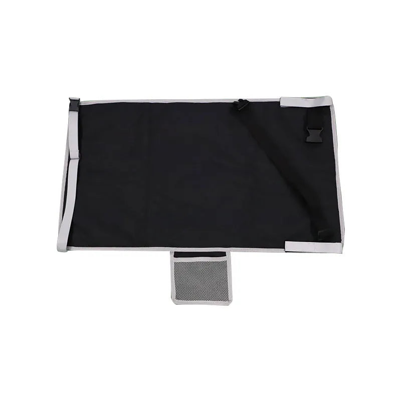 Blue portable children's aircraft seat pedal extender with drawstring storage pocket for travel