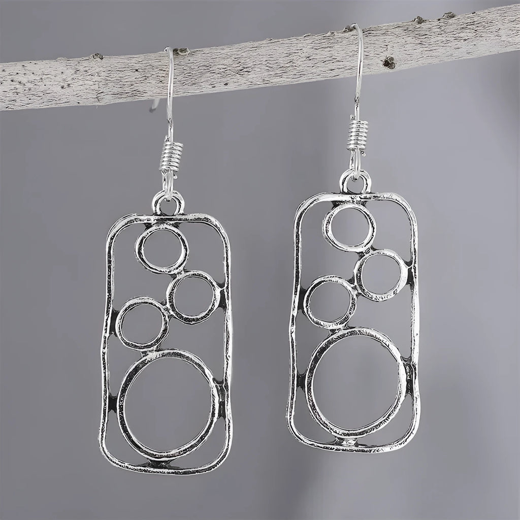 Geometric irregular square earrings within circular ring, antique silver finish on zinc alloy