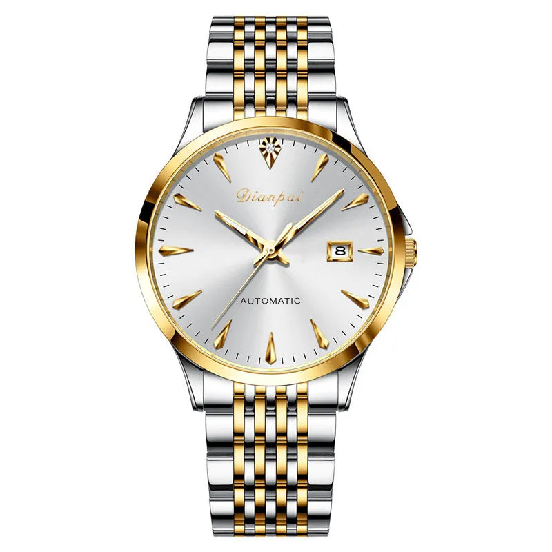 Men's automatic mechanical watch with stainless steel case and strap on simple dial