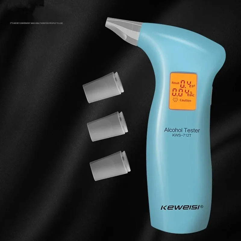 Portable orange light breath alcohol tester with manual and four replaceable mouthpieces.