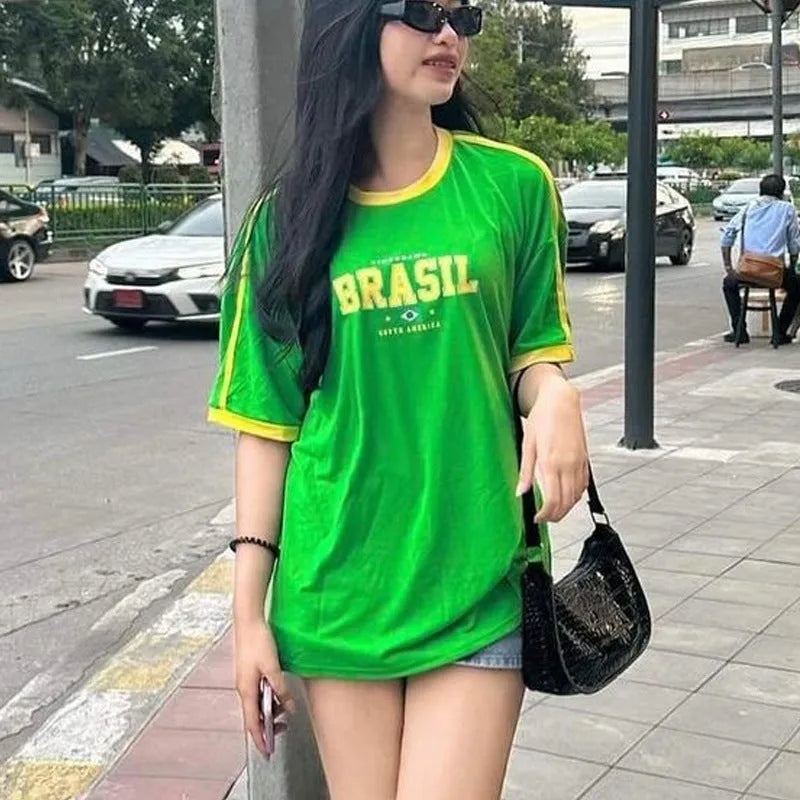 Women's slim fit black t-shirt with white 3D geometric and letter print pattern, short sleeves.