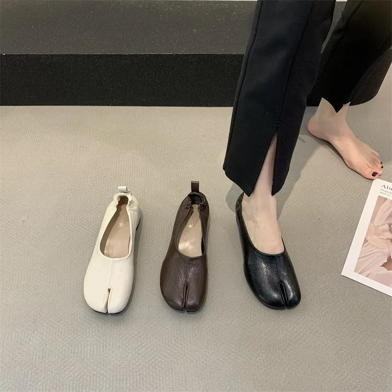 Women's split toe chunky heel pumps in black, apricot or brown with low heel and round toe