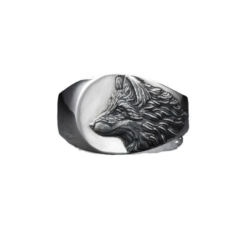 Men's silver geometric wolf ring with retro design on size chart showing UK 6-12 measurements