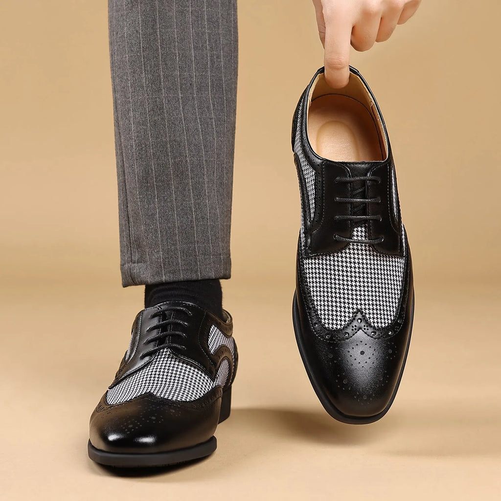 Men's houndstooth plaid casual shoes with square toe and lace-up design in black.