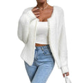 Women's white V-neck cardigan sweater with medium thickness polyester construction