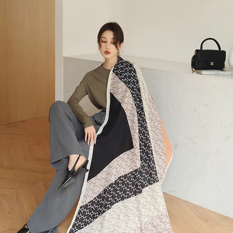 Women's vintage printed polyester scarf showing 180cm length and decorative pattern