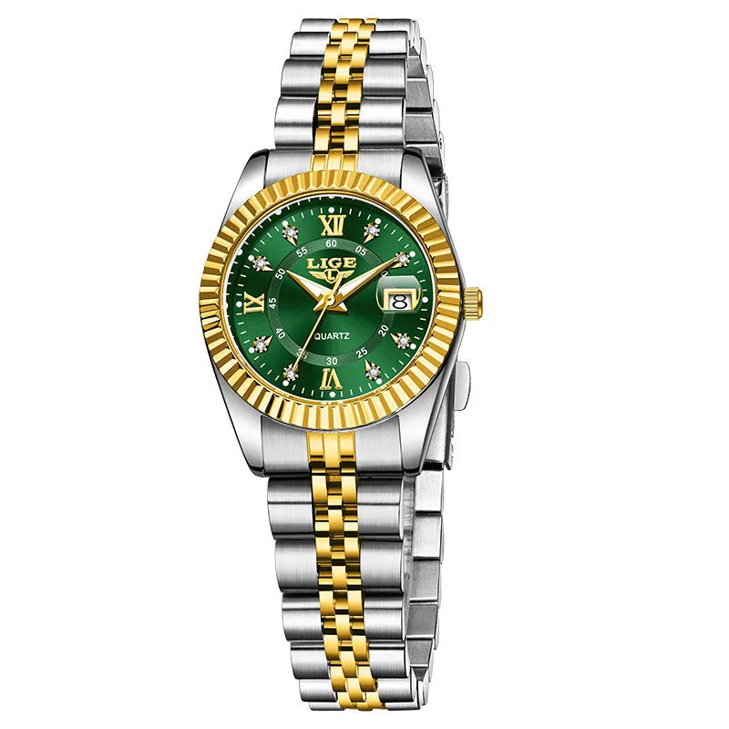 Women's waterproof quartz fashion watch with 10mm thickness in gold, silver, and metallic colour variations