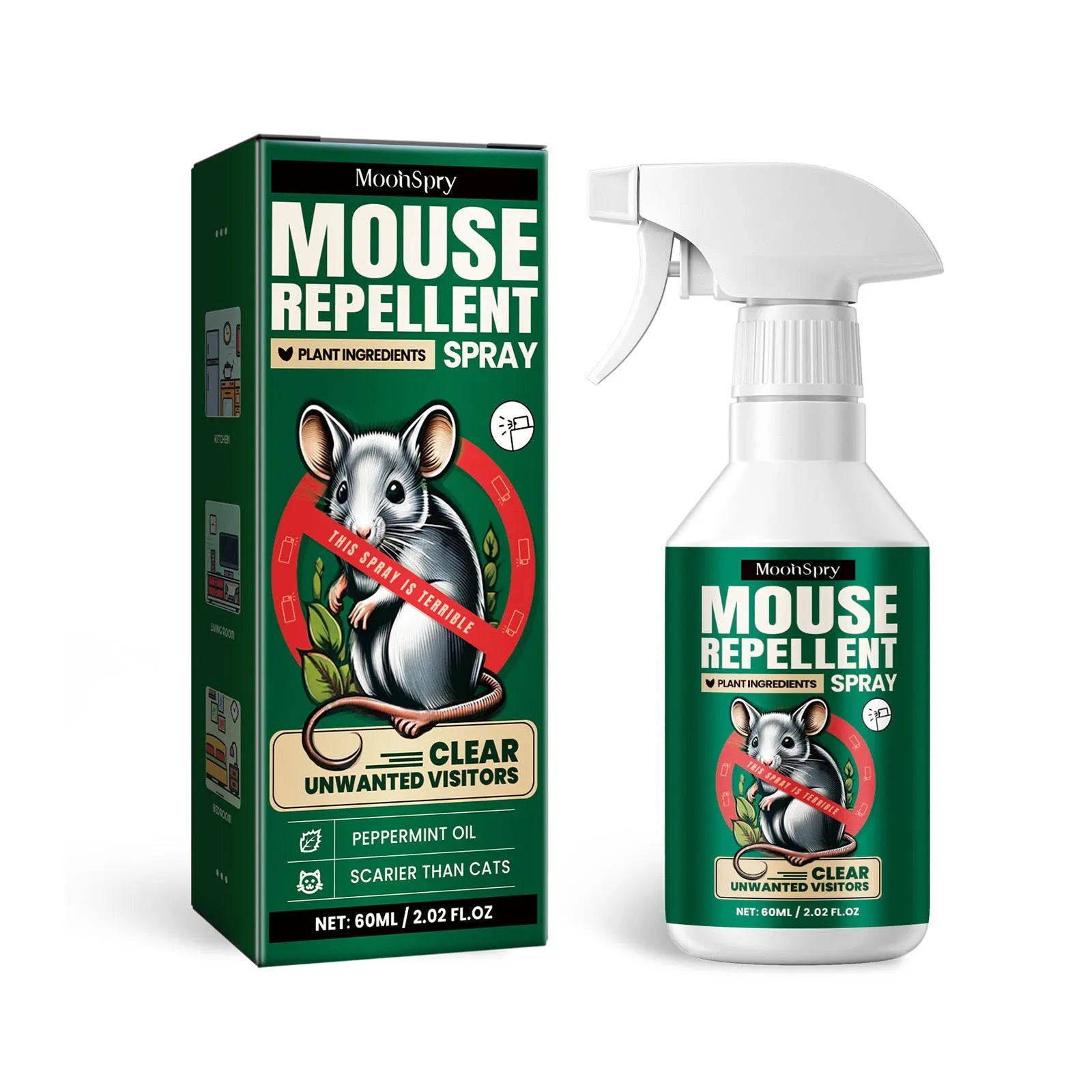 60ml bottle of natural rat repellent spray with clove, peppermint, camphor, and chilli oils