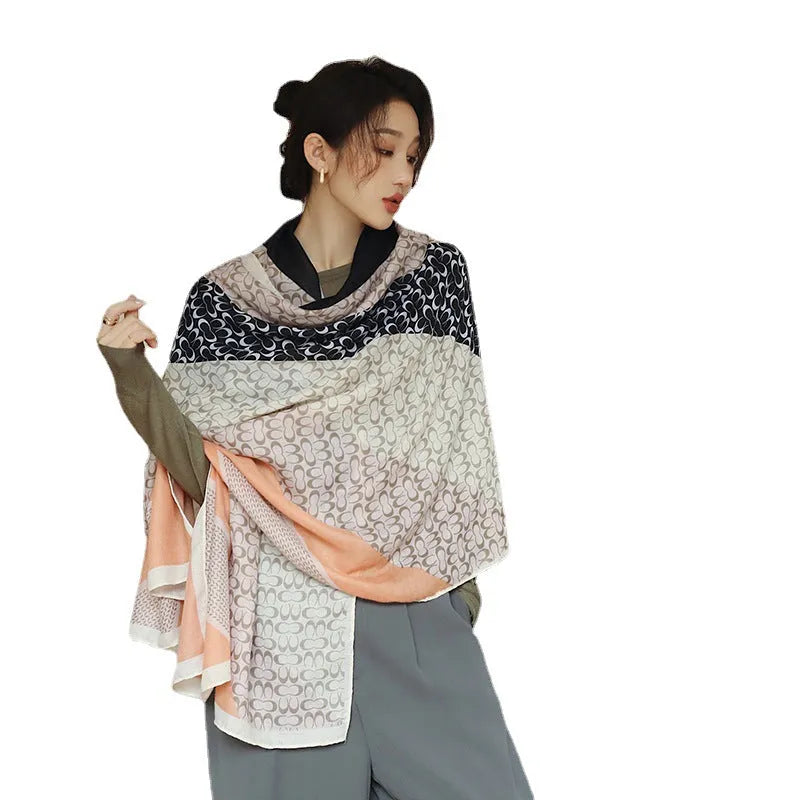 Women's vintage printed polyester scarf showing 180cm length and decorative pattern