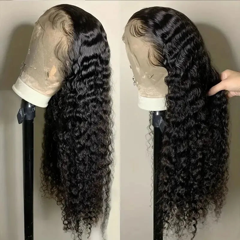 Black long curly lace wig with small roll wound tube afro style on a mannequin head.