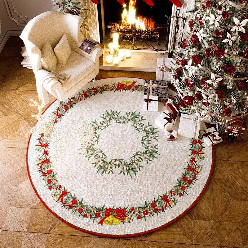 Red Christmas round carpet with festive designs on living room floor