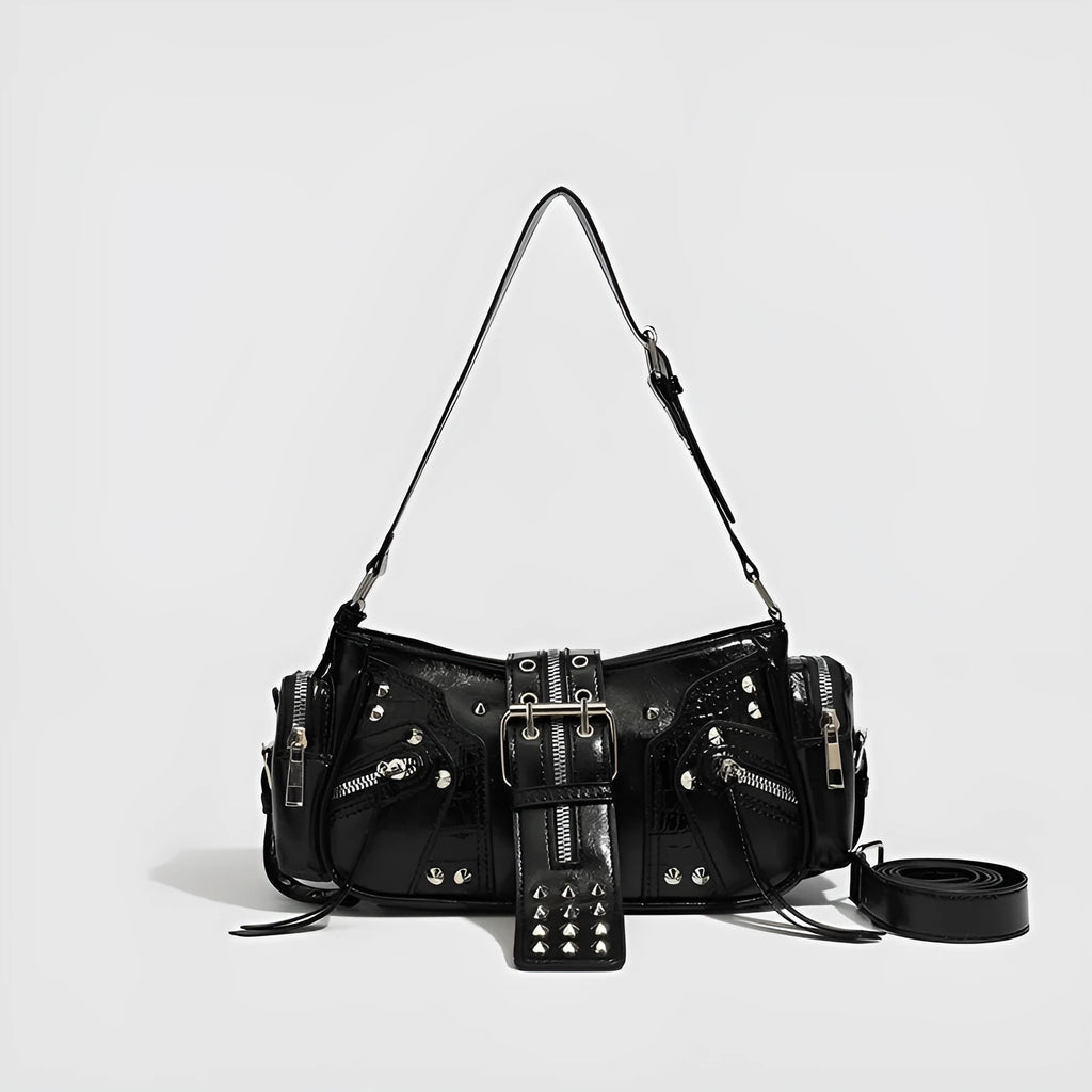 Black retro oil wax leather shoulder bag with dumpling shape and internal organisation pockets
