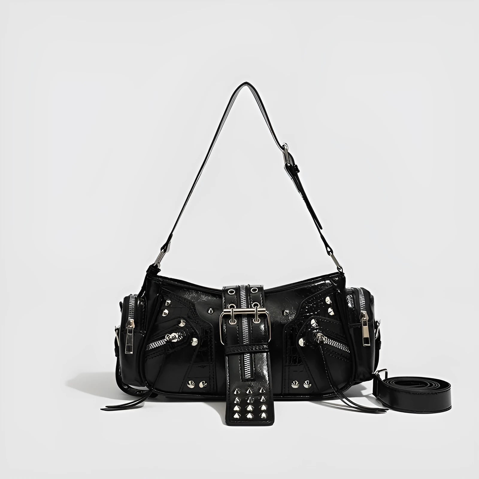 Black retro oil wax leather shoulder bag with dumpling shape and internal organisation pockets