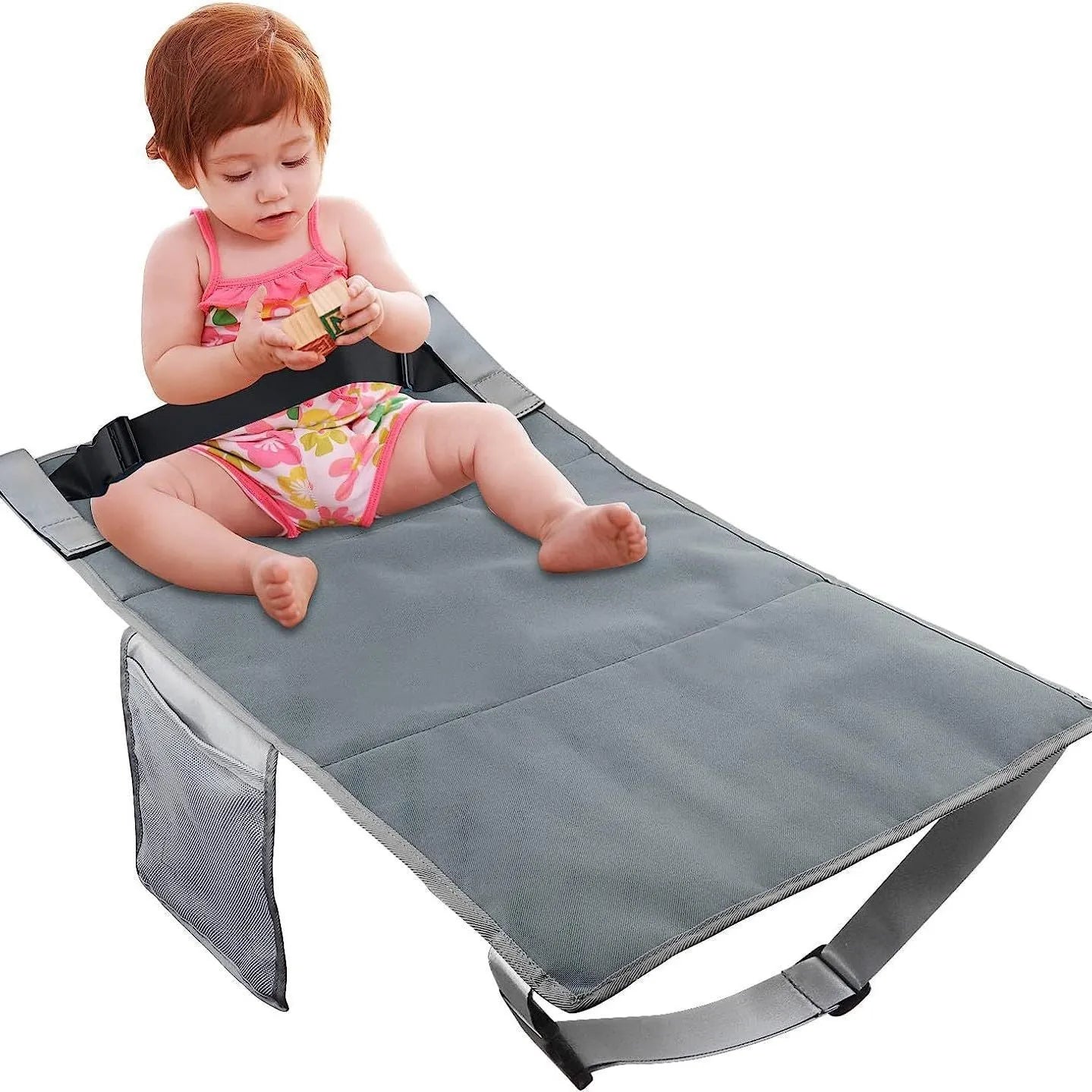 Blue portable children's aircraft seat pedal extender with drawstring storage pocket for travel