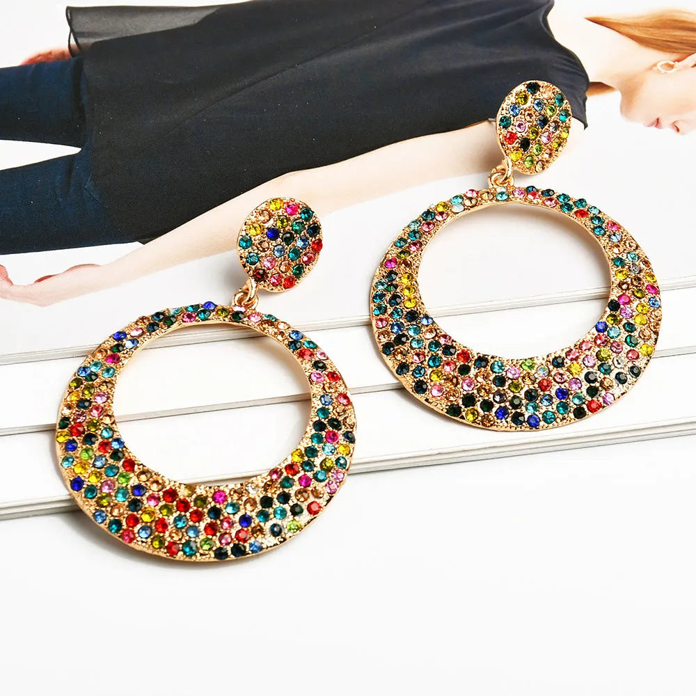 Large round pendant earrings with colourful diamond decoration in cartoon style design