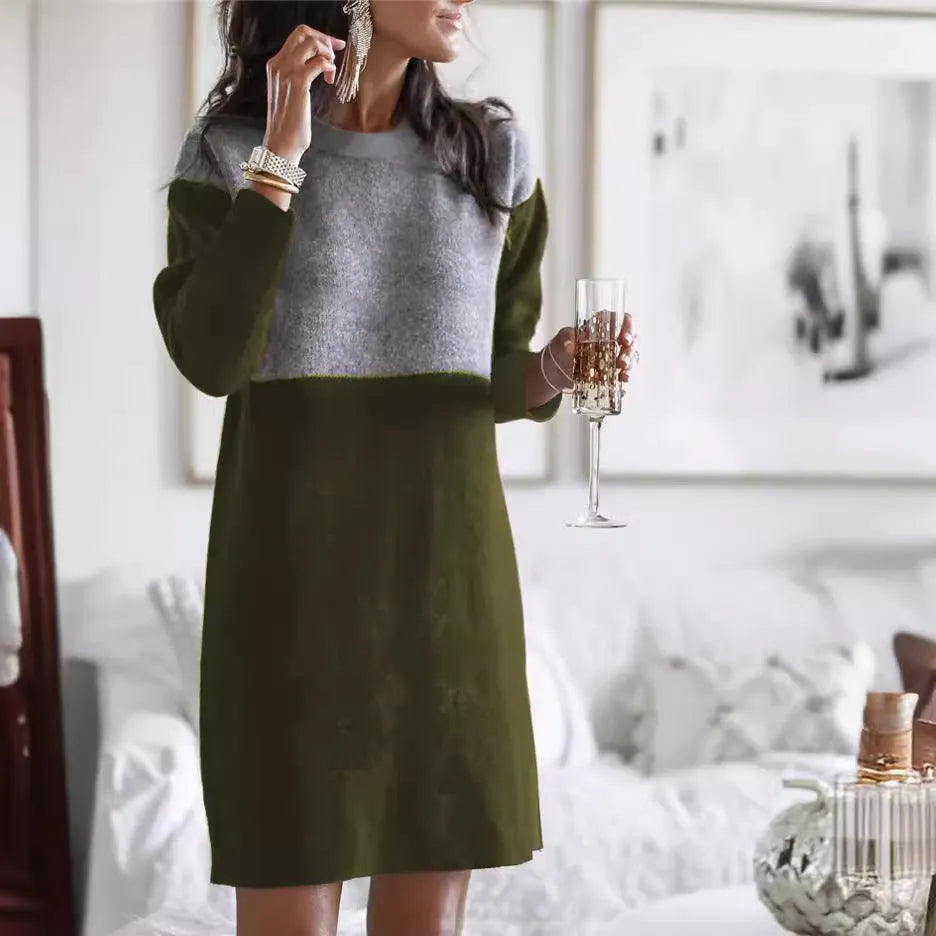Brown women's loose-fitting patchwork skirt dress with long sleeves and round neckline