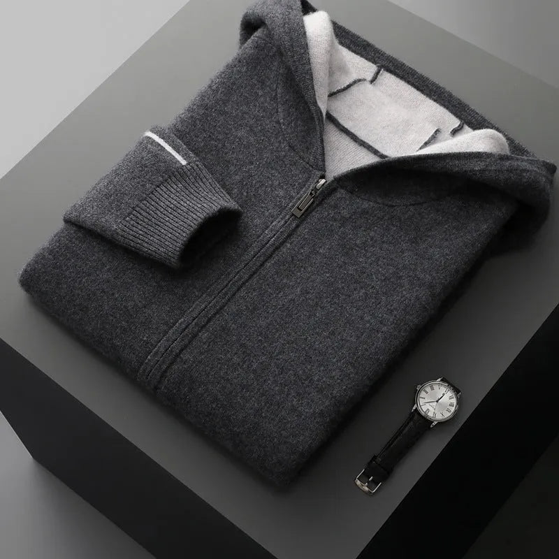 Men's dark blue cashmere cardigan with half-high collar and zip front