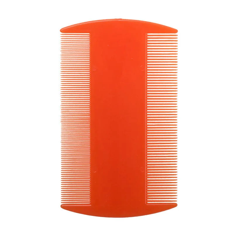 Double-sided fine tooth plastic comb for lice and fleas in various colours on a white background.