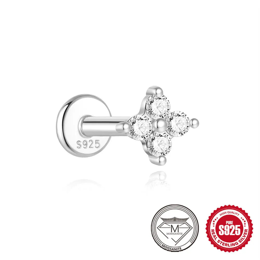 S925 sterling silver geometric stud earrings with petal diamond designs in platinum finish