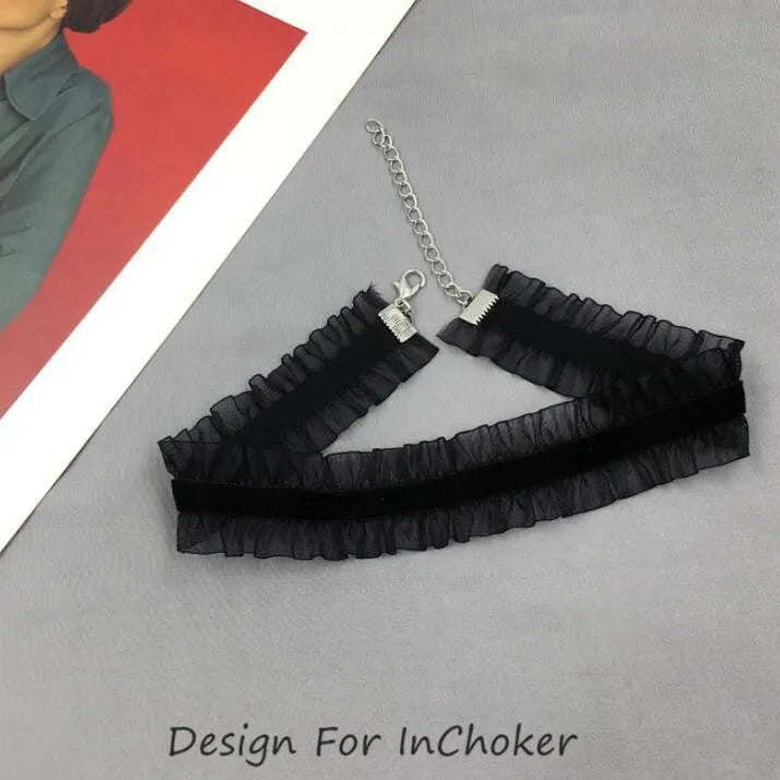 Electroplated alloy velvet ruffled necklace with flower pendant and snake bones chain in light coffee colour.