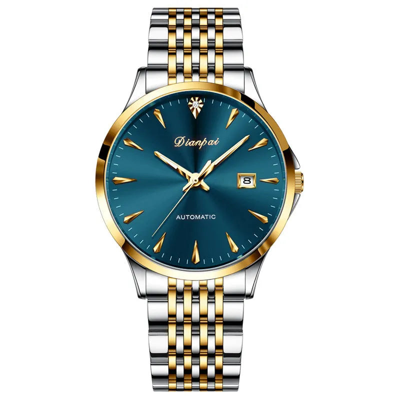 Men's automatic mechanical watch with stainless steel case and strap on simple dial
