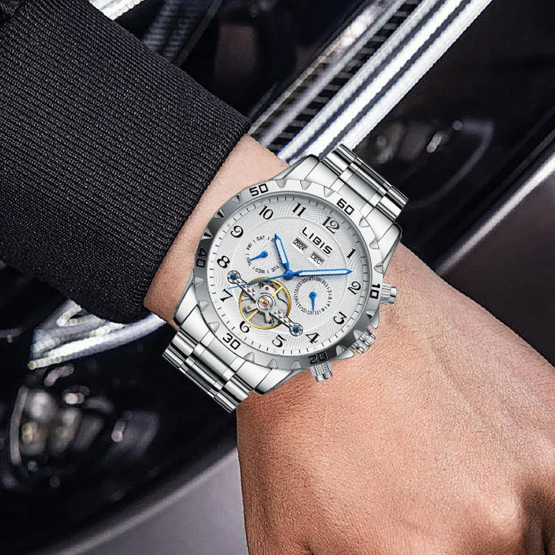 Men's silver automatic perpetual calendar mechanical watch with stainless steel belt and sapphire crystal