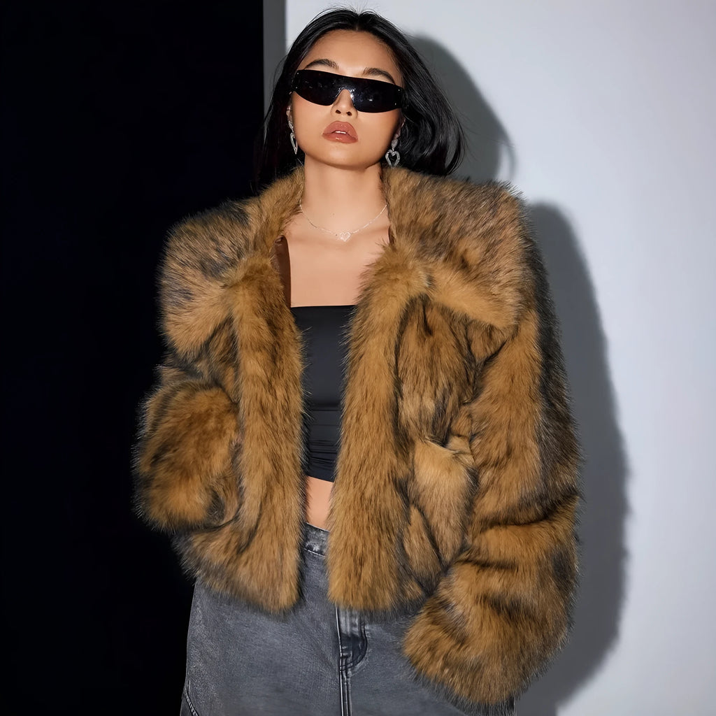 Women's faux fur coat with fur collar in black tip on black background colour