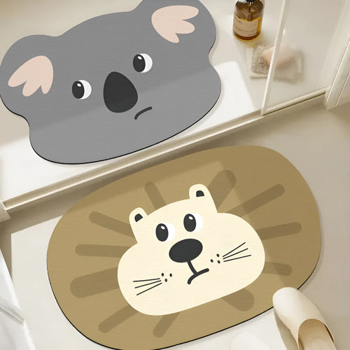 Cartoon animal diatomaceous earth absorbent non-slip bathroom mat in alien shape.