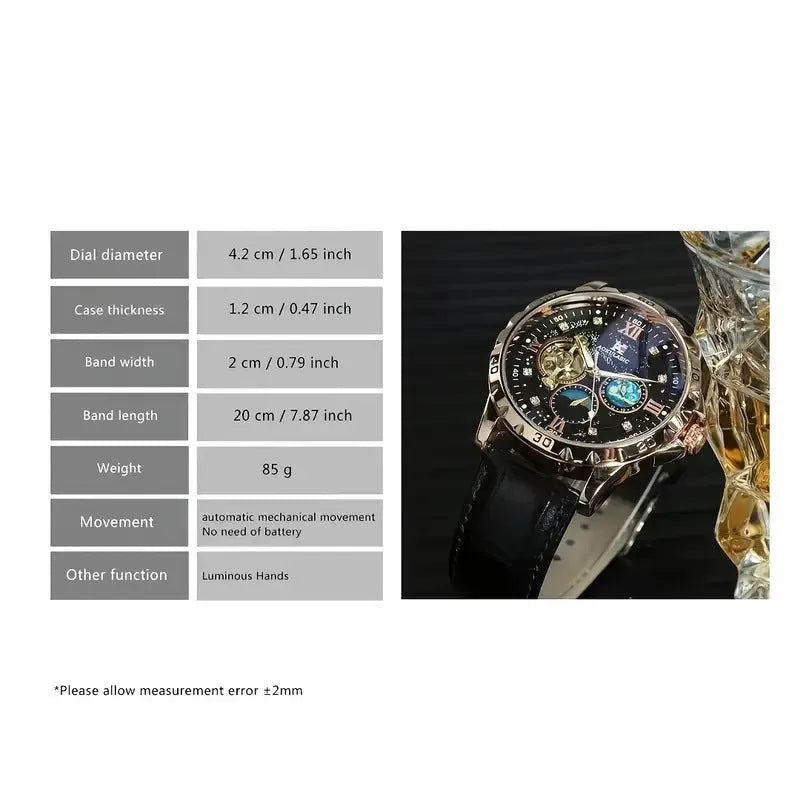 Men's black automatic skeleton watch with rose gold case and leather strap showing mechanical movement
