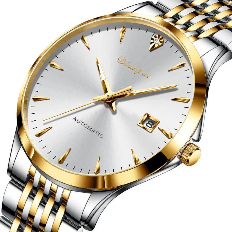 Men's automatic mechanical watch with stainless steel case and strap on simple dial