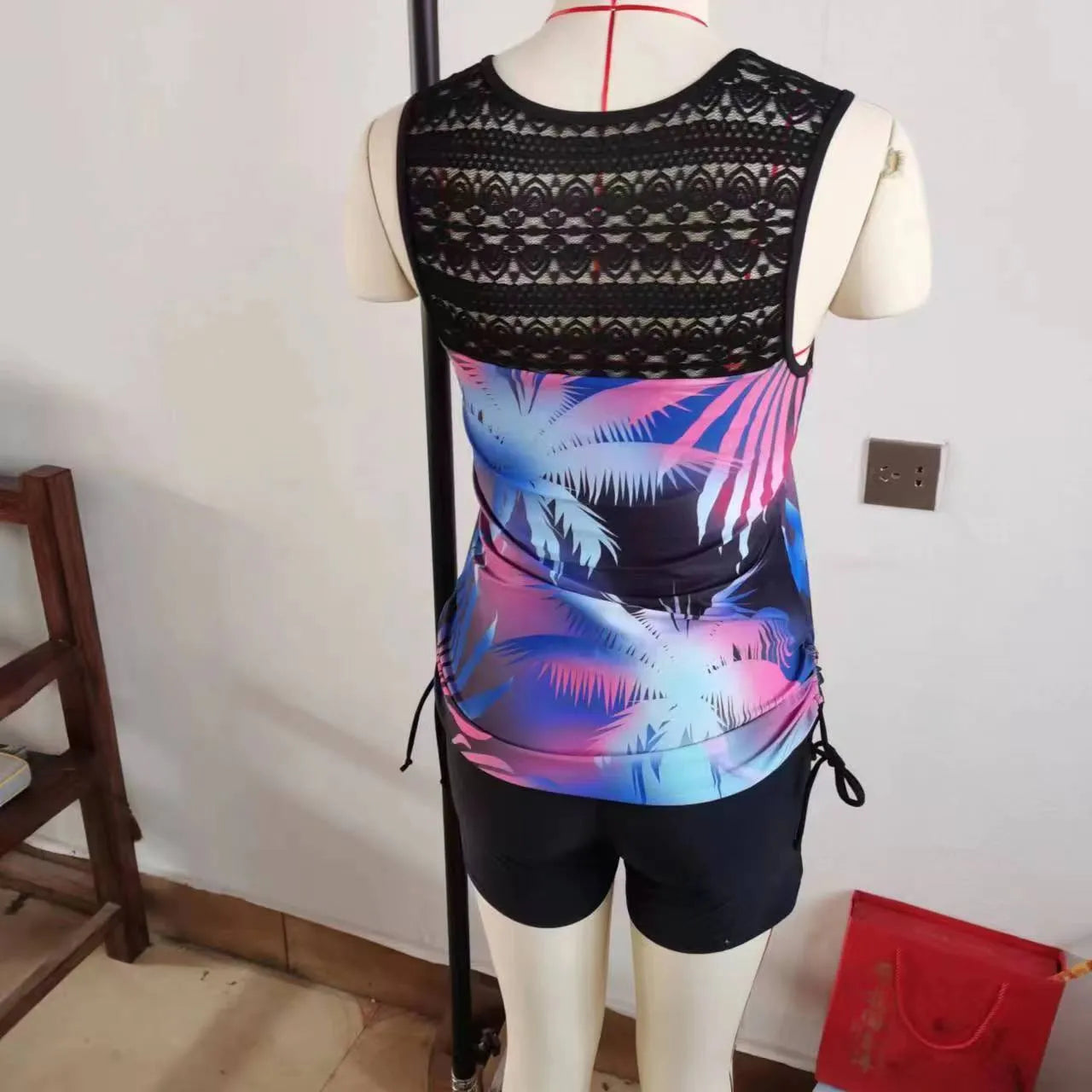 Women's blue printed lace two-piece swimsuit with floral pattern
