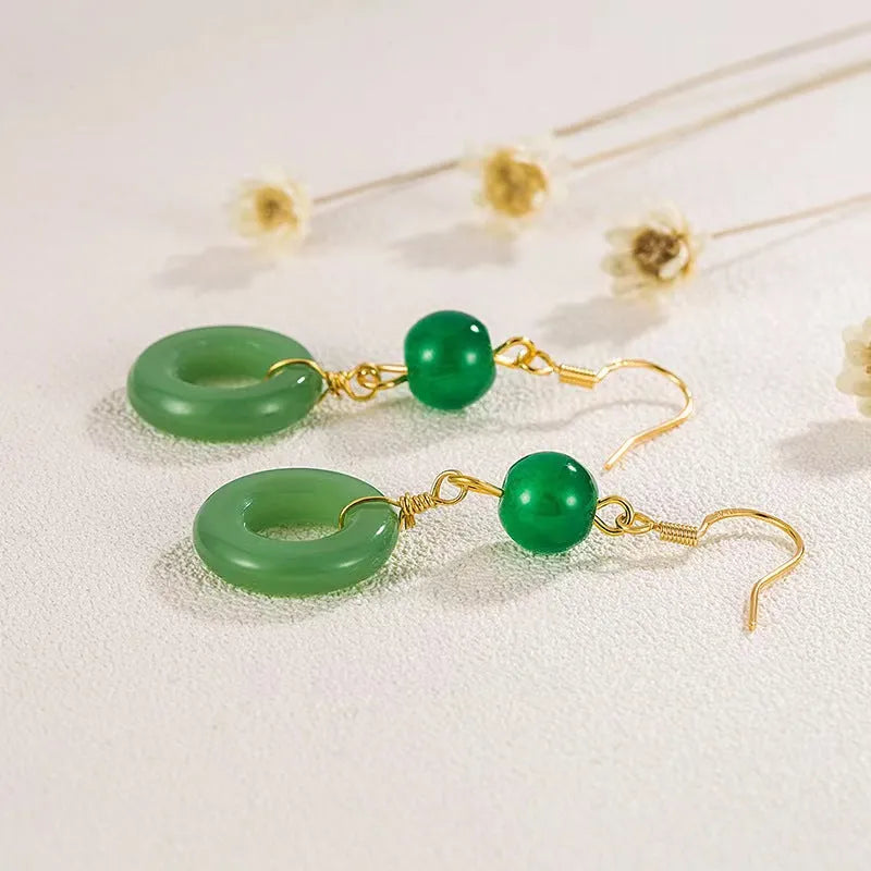 Green jade design peace buckle shape earrings for Han Chinese clothing with geometric shape and 14K gold plating