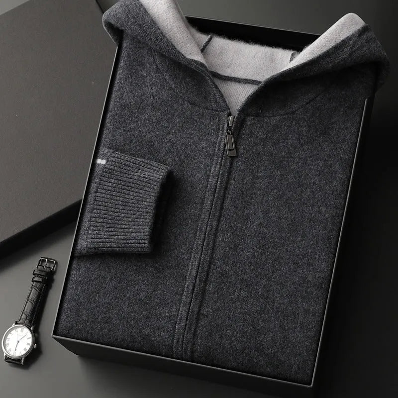 Men's dark blue cashmere cardigan with half-high collar and zip front