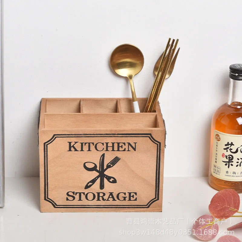 Wooden kitchen storage box with grid divider for knives forks and chopsticks