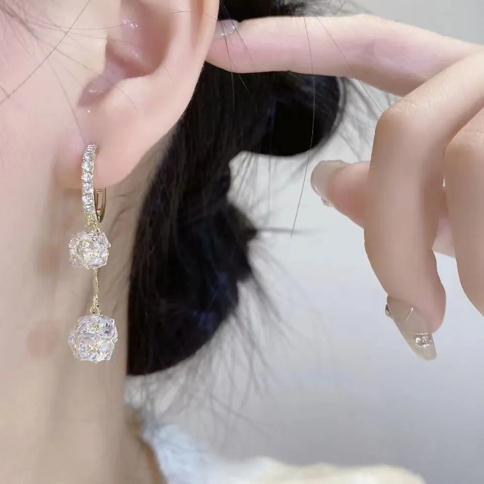 Silver women's earrings with tassel ball and rhinestone confession balloon pendant drop design