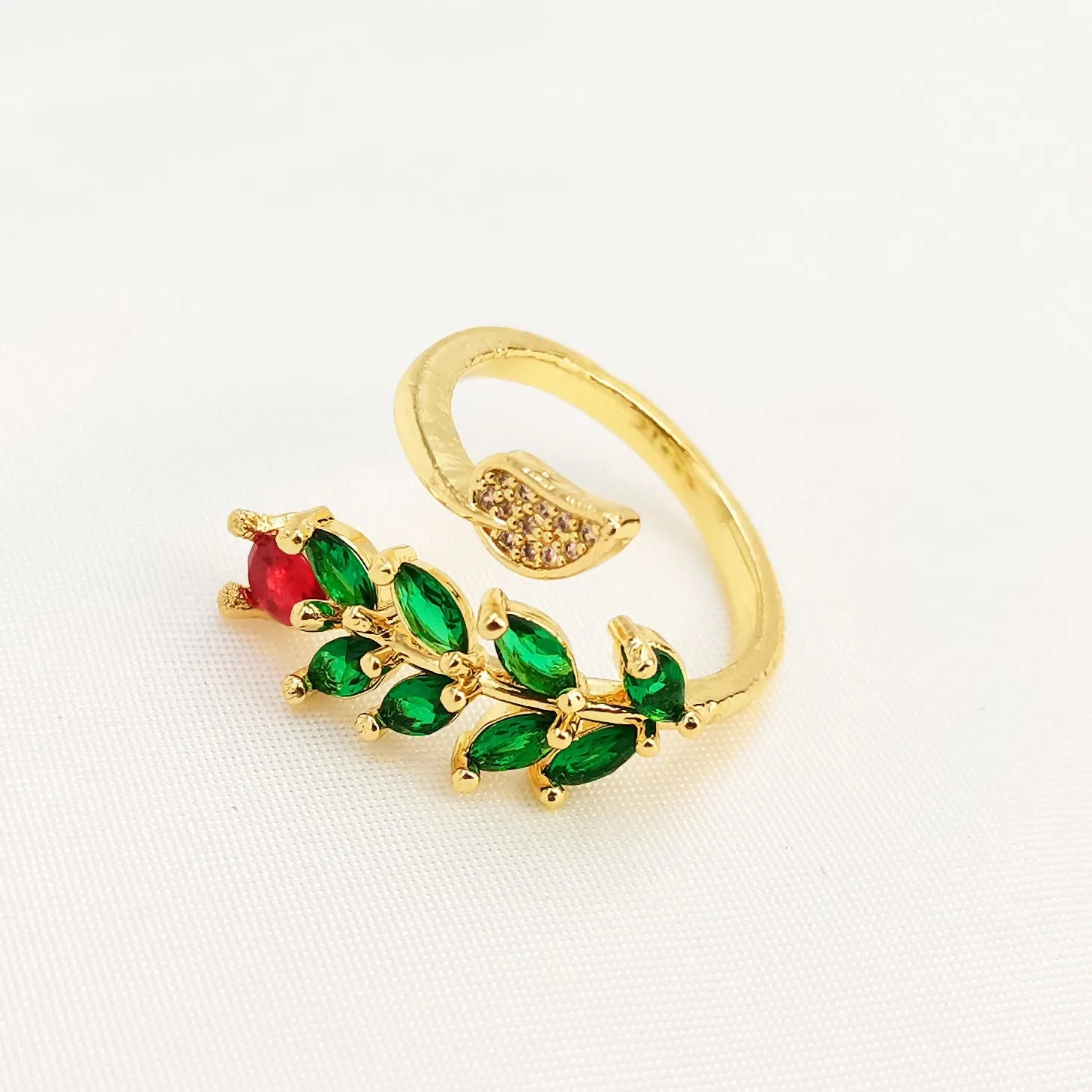Copper gold-plated open ring with geometric leaf design and micro inlaid zircon stones in adjustable split band style