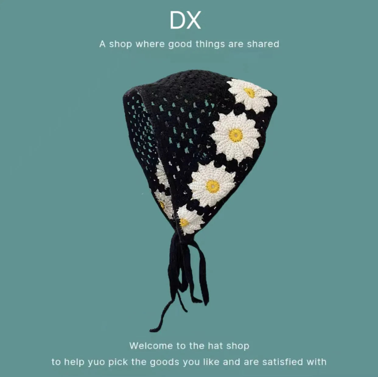 Women's cotton triangular headscarf with floral pattern, shown in beige blue little daisy design.