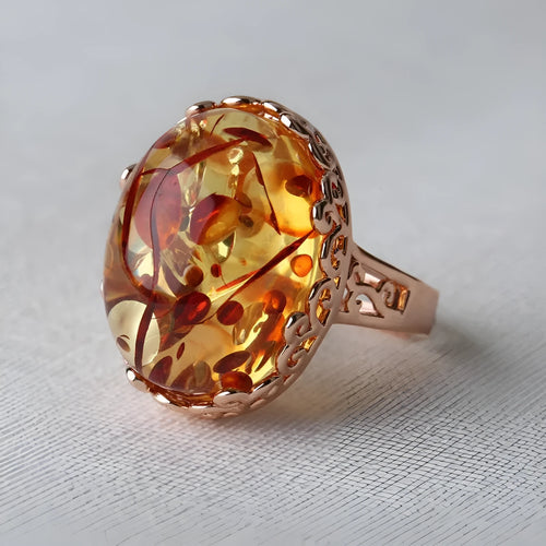 Beeswax Amber Ring in New Amber Type A colour on alloy base, ethnic retro style.
