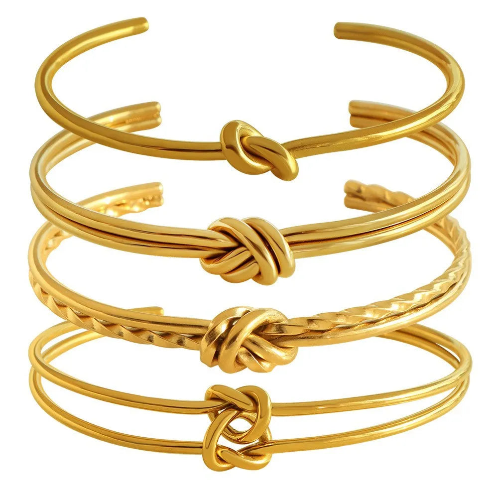 Women's stainless steel bracelet with C-shaped open design and knotted double-layer construction