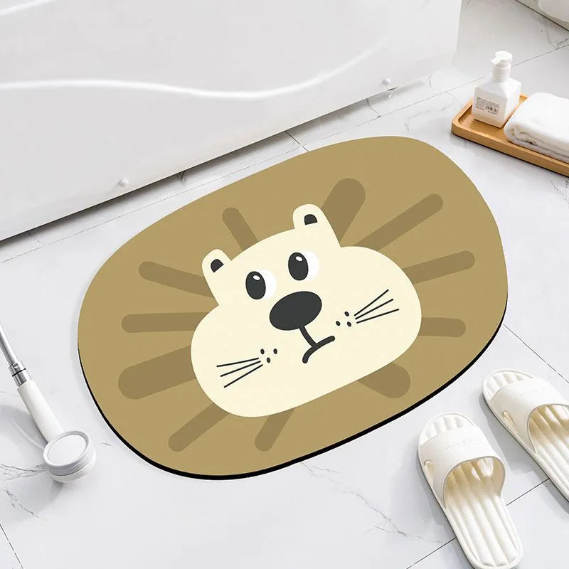 Cartoon animal diatomaceous earth absorbent non-slip bathroom mat in alien shape.