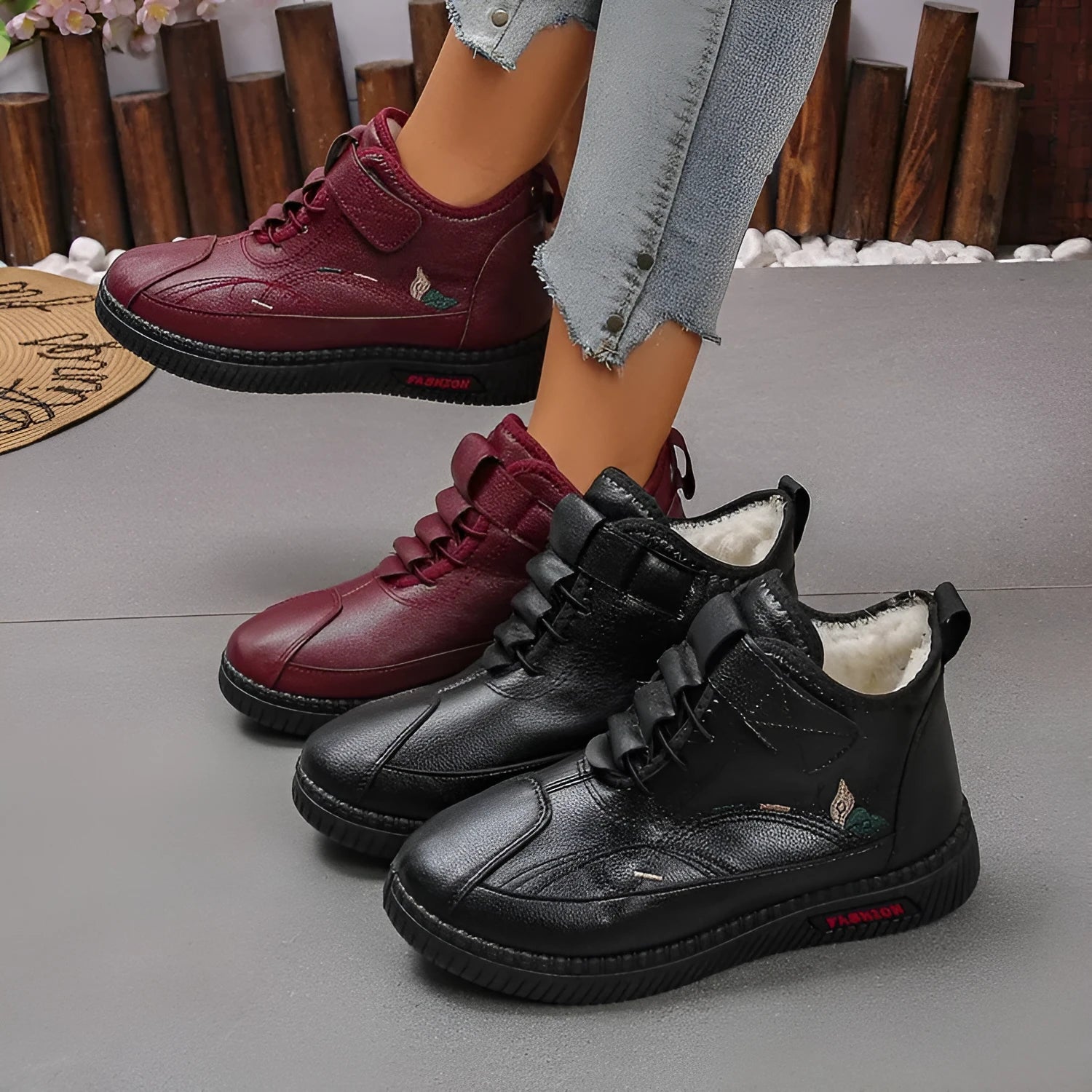 Women's black and red velvet slipper shoes with non-slip rubber soles and hollow out decorative elements