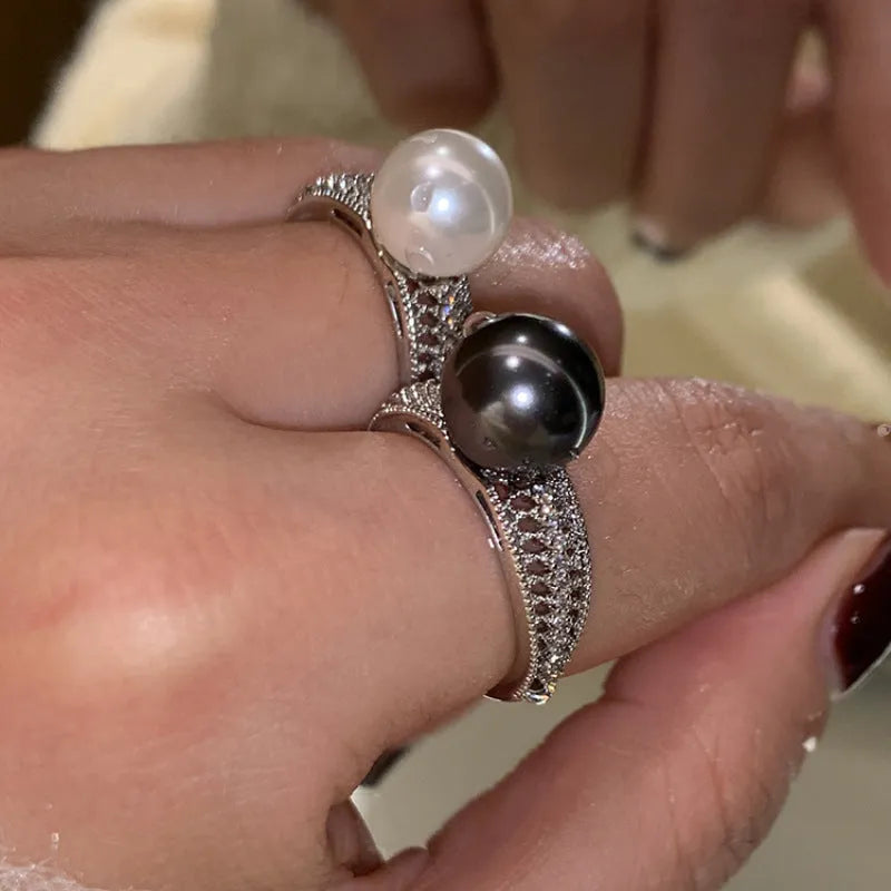 Adjustable opening copper ring with geometric design and black pearl finish for women